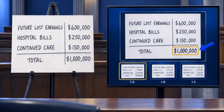 Witness-Marked Foam Board into a Digital Trial Exhibit - Featured image for a PhillyLegalNews Quick TechTip showing an original witness-marked damages board beside a courtroom display. The display uses the same board information with digital highlighting and snapshot labels to illustrate how each presentation iteration can be saved and republished.