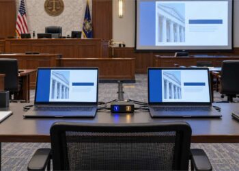 TTwo mirrored laptops and an A/B switch help prepare for courtroom technology failure beside a courtroom projection screen.
