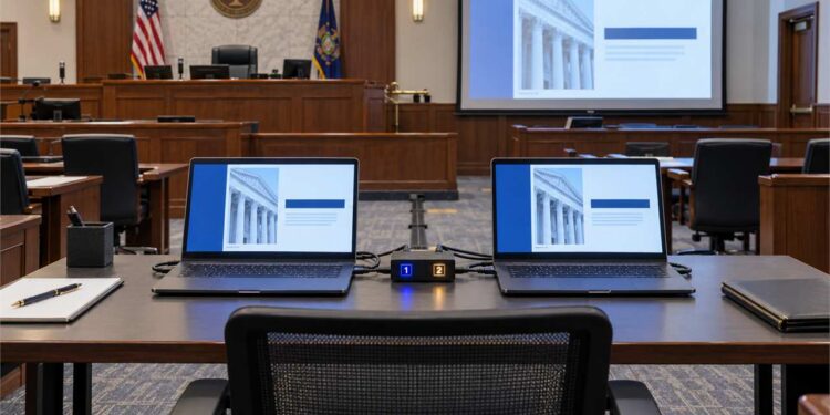 TTwo mirrored laptops and an A/B switch help prepare for courtroom technology failure beside a courtroom projection screen.